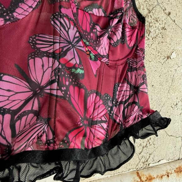 Corset Bustier Tank Top Mesh Magenta Pink Butterfly Print Black Ruffle Hem Sz 8 - Picture 2 of 7